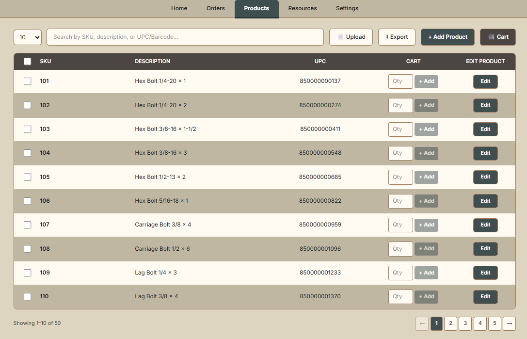QuickOrder products catalog on a desktop