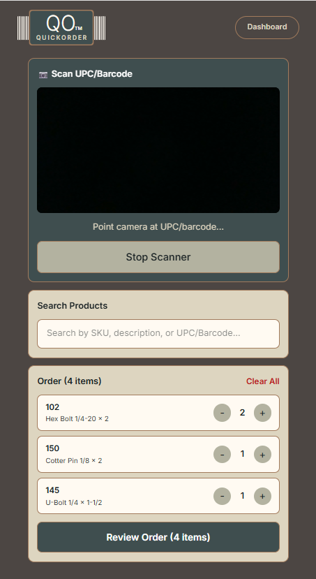QuickOrder scanner on a phone
