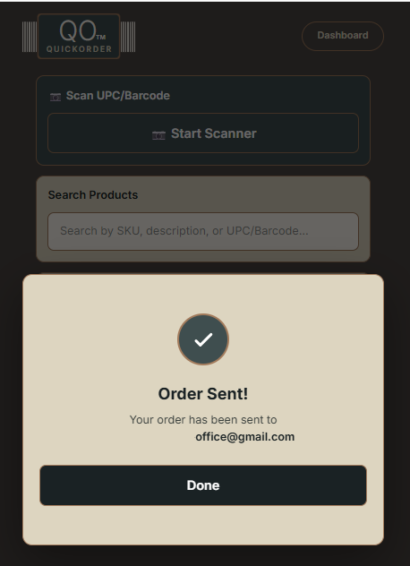 Order sent confirmation